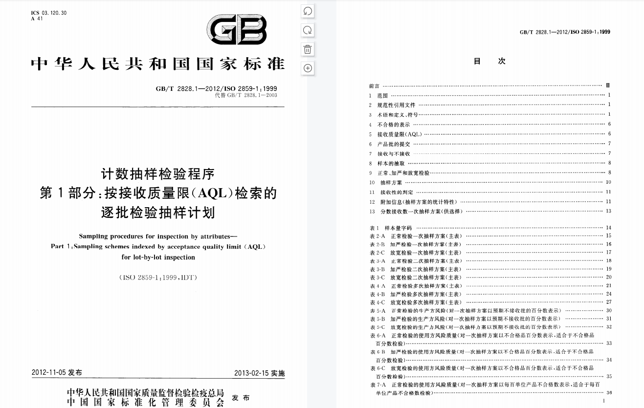 GB/T2828.1-2012计数检验抽样程序与标准（86页）